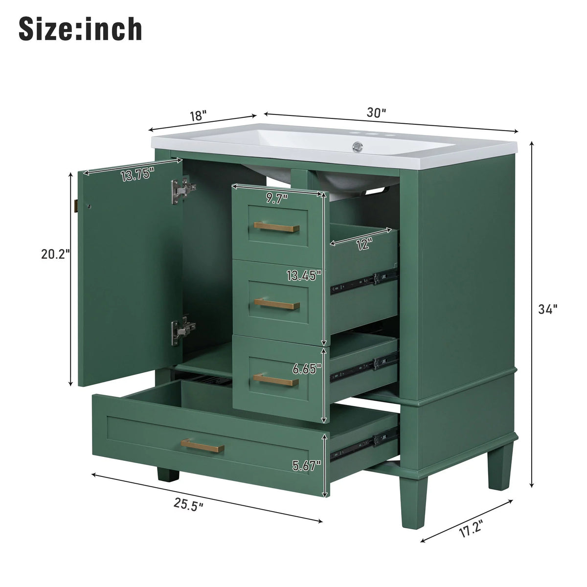 30" Green Solid Wood Bathroom Vanity with Top Basin and 3 Drawers W3518