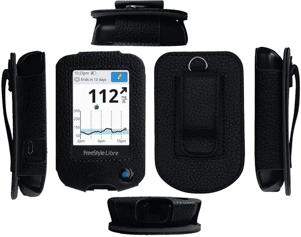 Fitted Leather Case with Screen Protector and Lanyard for Freestyle Libre 3, Freestyle Libre 2 Black X729