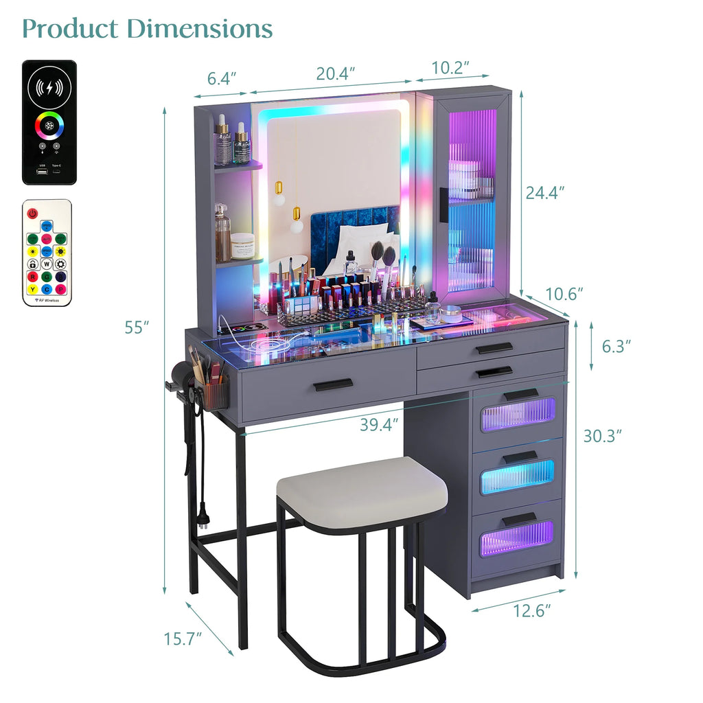 Grey Glass Top Makeup Vanity Desk with Mirror and Stool D289499