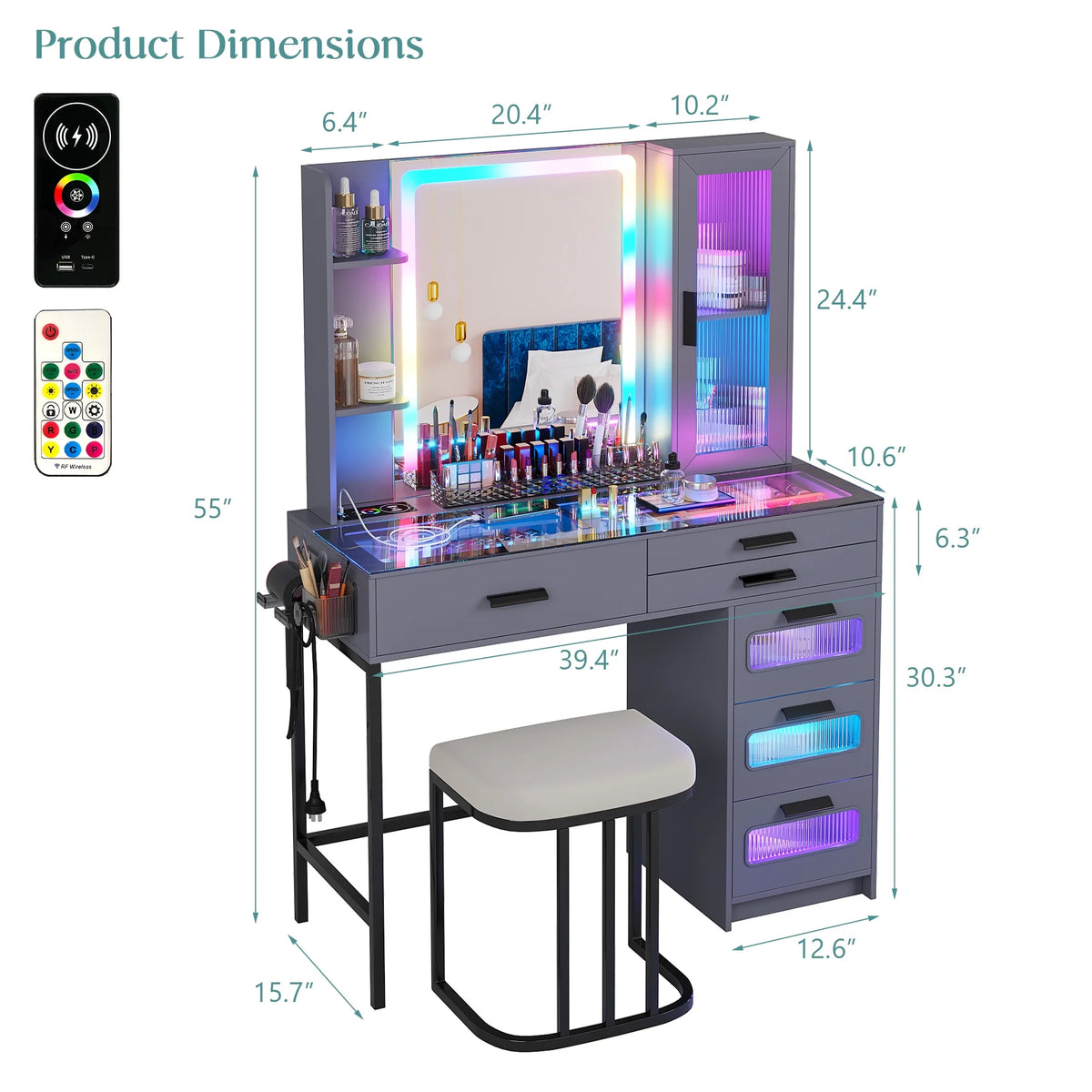 Grey Glass Top Makeup Vanity Desk with Mirror and Stool D289499