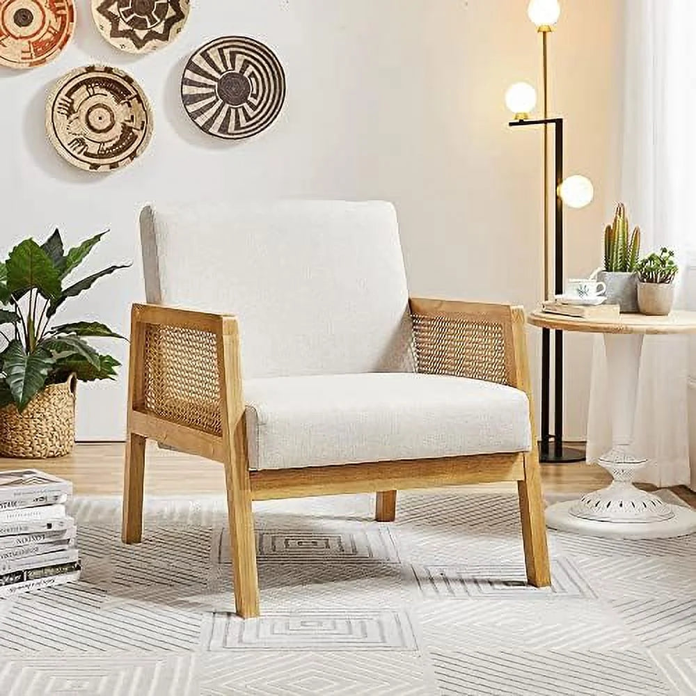 Ivory Boucle Fabric Accent Chair with Wood Armrest and Legs 2 pcs W192748