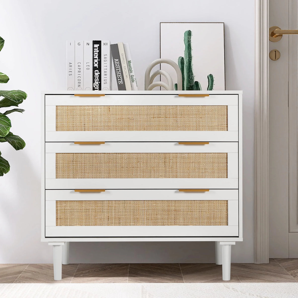 Modern 3 Drawer Rattan Wooden Dresser X47426