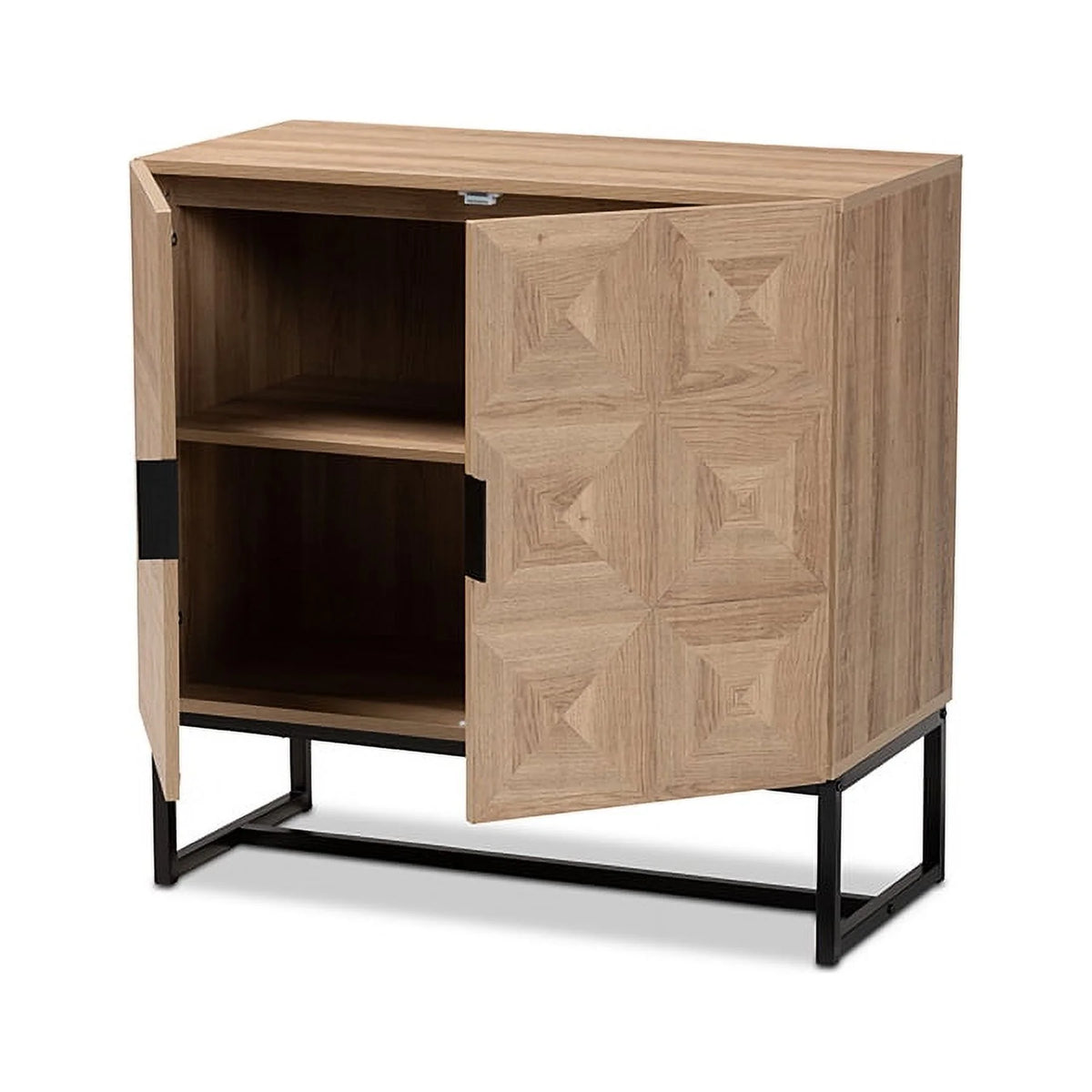 Natural Brown Wood and Black Metal 2-Door Storage Cabinet I220