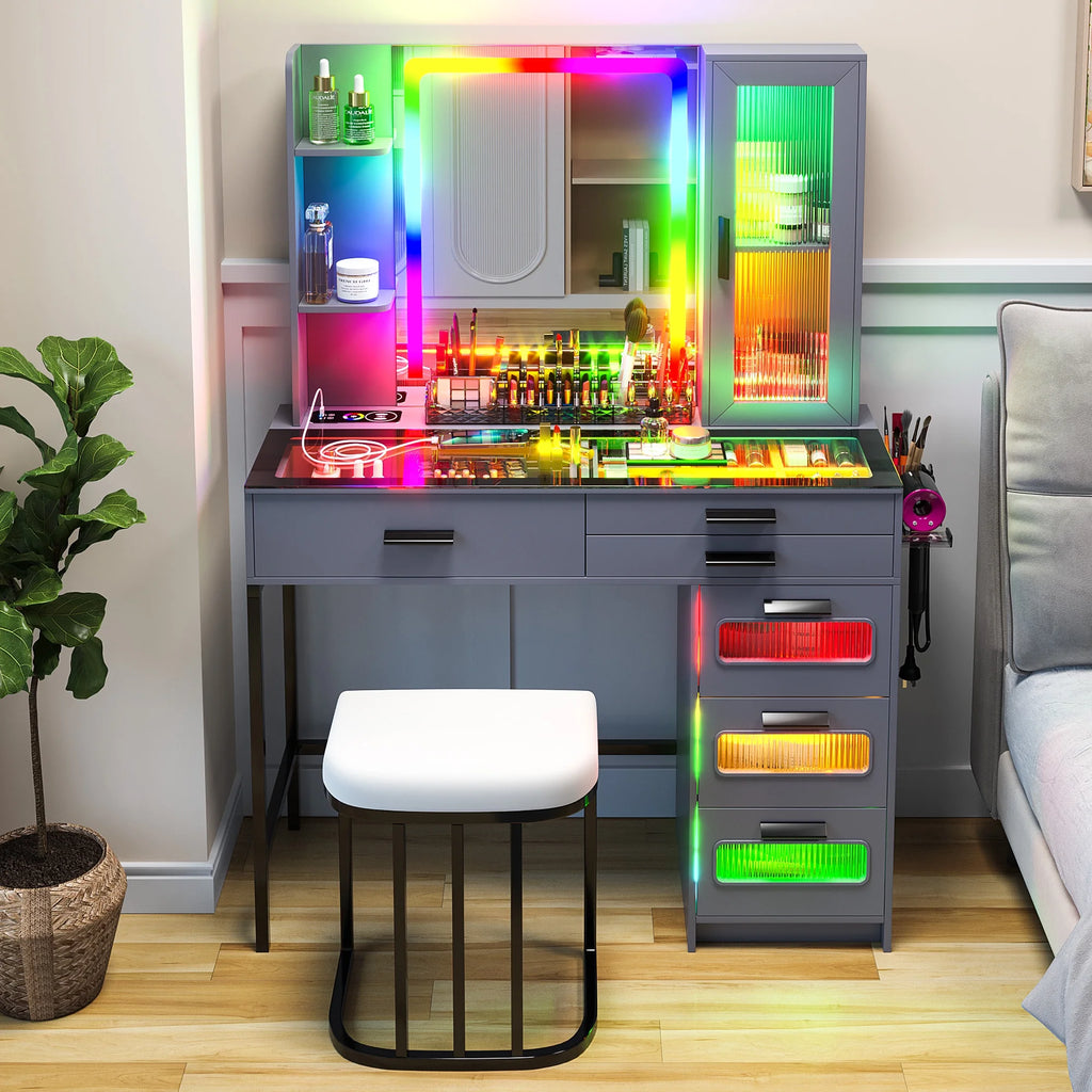 Grey Glass Top Makeup Vanity Desk with Mirror and Stool D289499