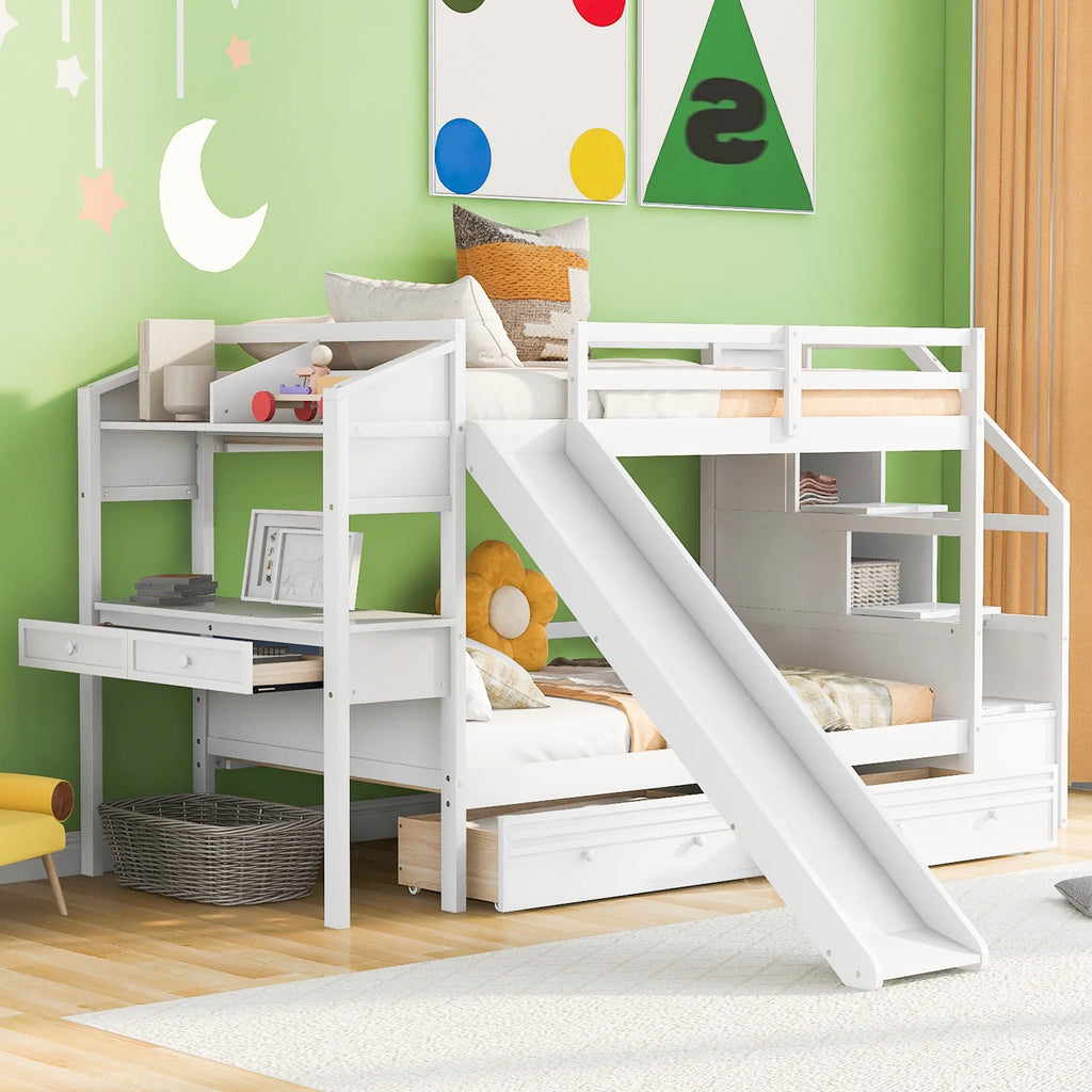 White Wood Twin over Twin Bunk Bed with Desk and Slide C6382