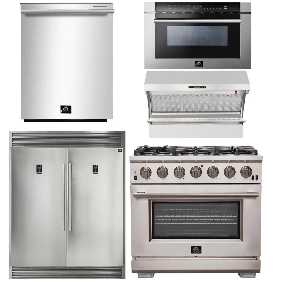 36 Inch Pro Gas Range, Wall Mount Range Hood, Refrigerator, Microwave Drawer, Dishwasher B299406
