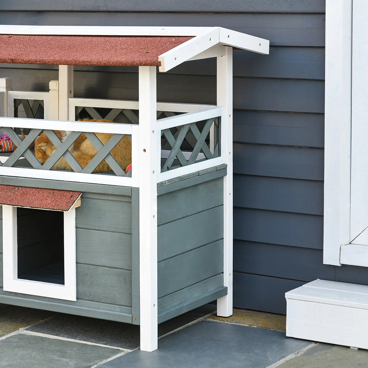 2-story Cat House Wood Shelter with Condo Sisal Ramp, Gray B9739