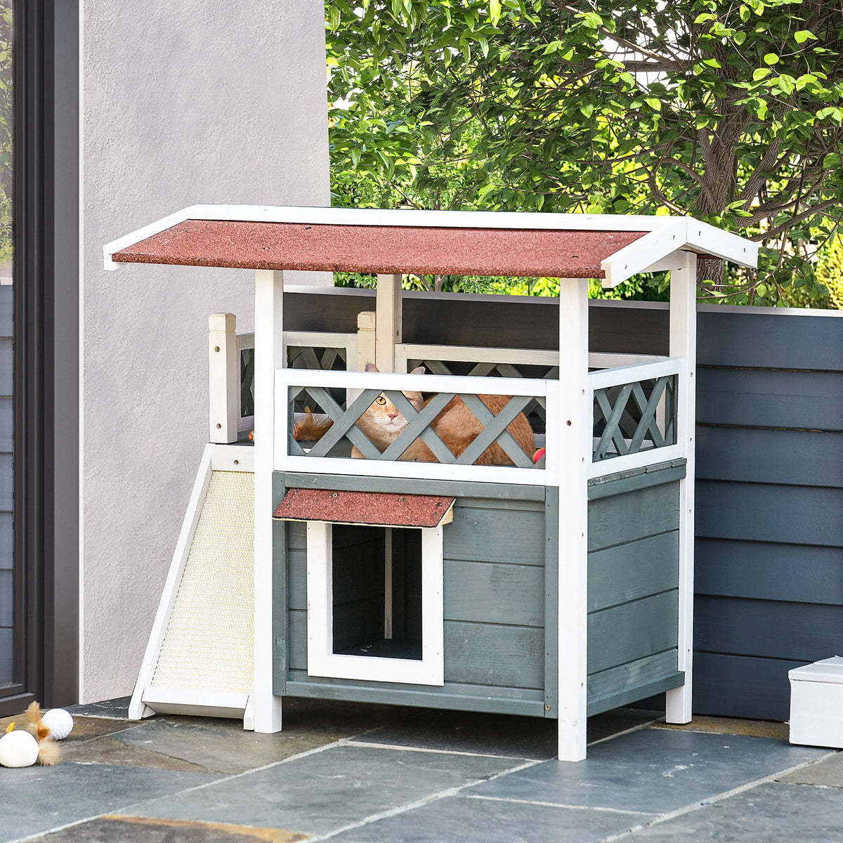 2-story Cat House Wood Shelter with Condo Sisal Ramp, Gray B9739