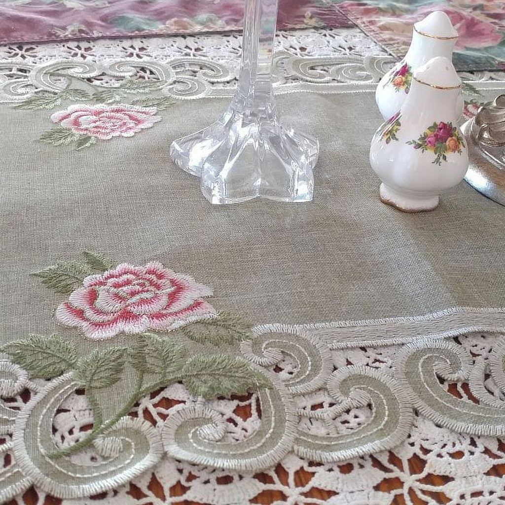 Table Runner with Pink Roses and Sage Green Burlap Linen Fabric, 70 x 15 inches Z63624