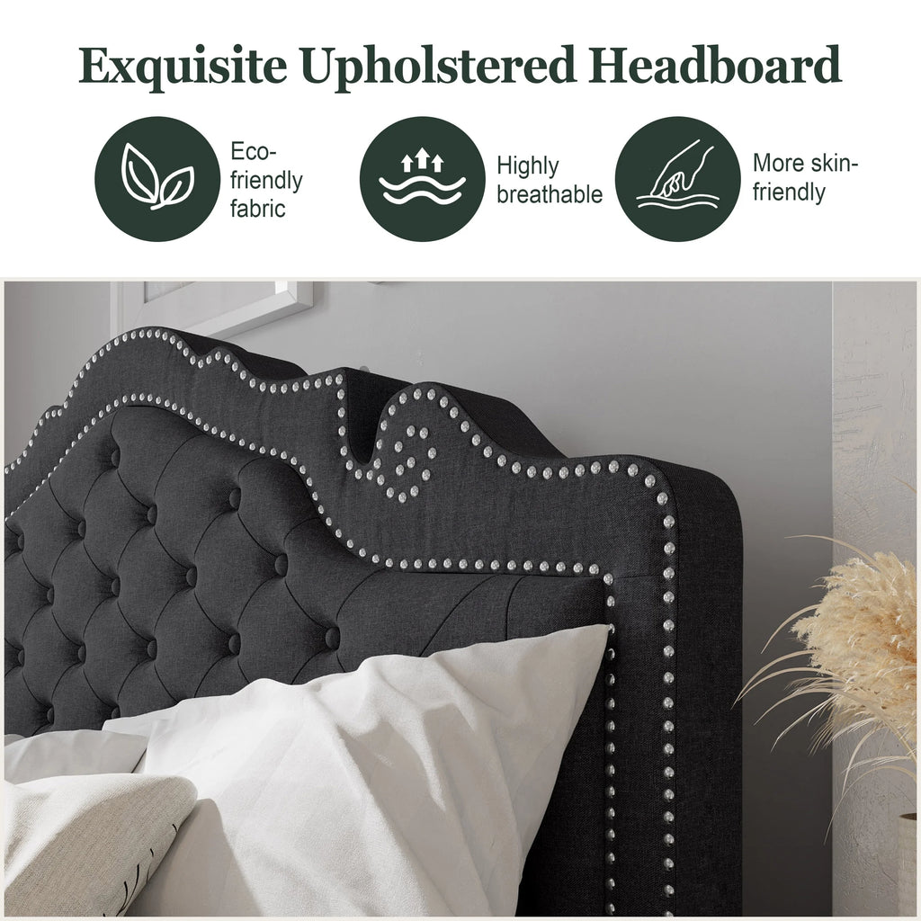 Queen Size Upholstered Platform Bed Frame with Adjustable Headboard, Black Y154593