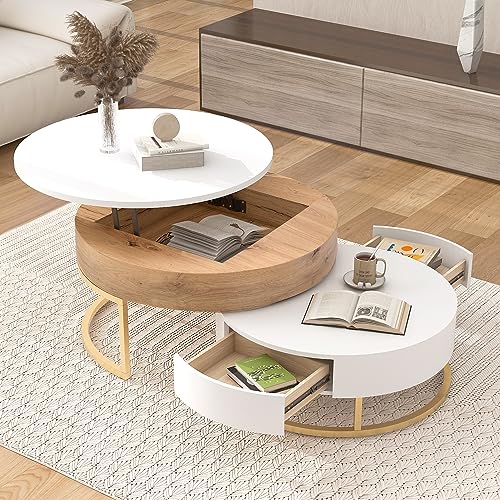 Round Lift-top Nesting Coffee Tables with 2 Drawers White & Natural L867