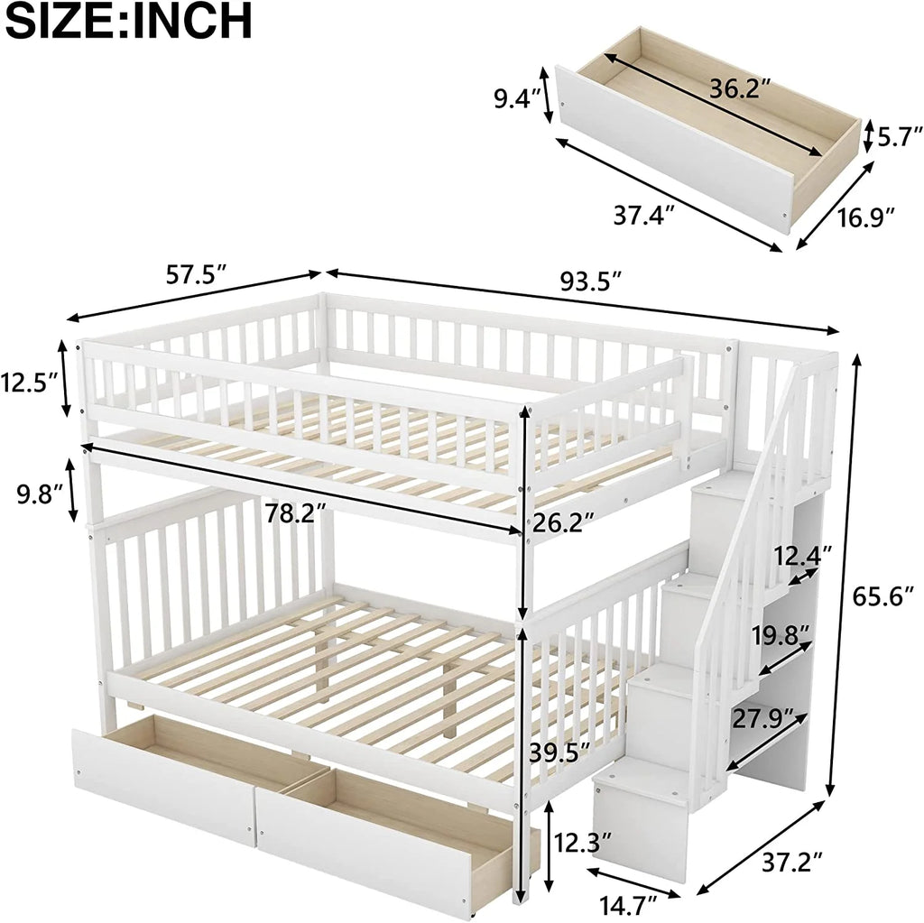 Full Over Full Solid Wood Bunk Bed with Stairs and Storage Drawers B9558