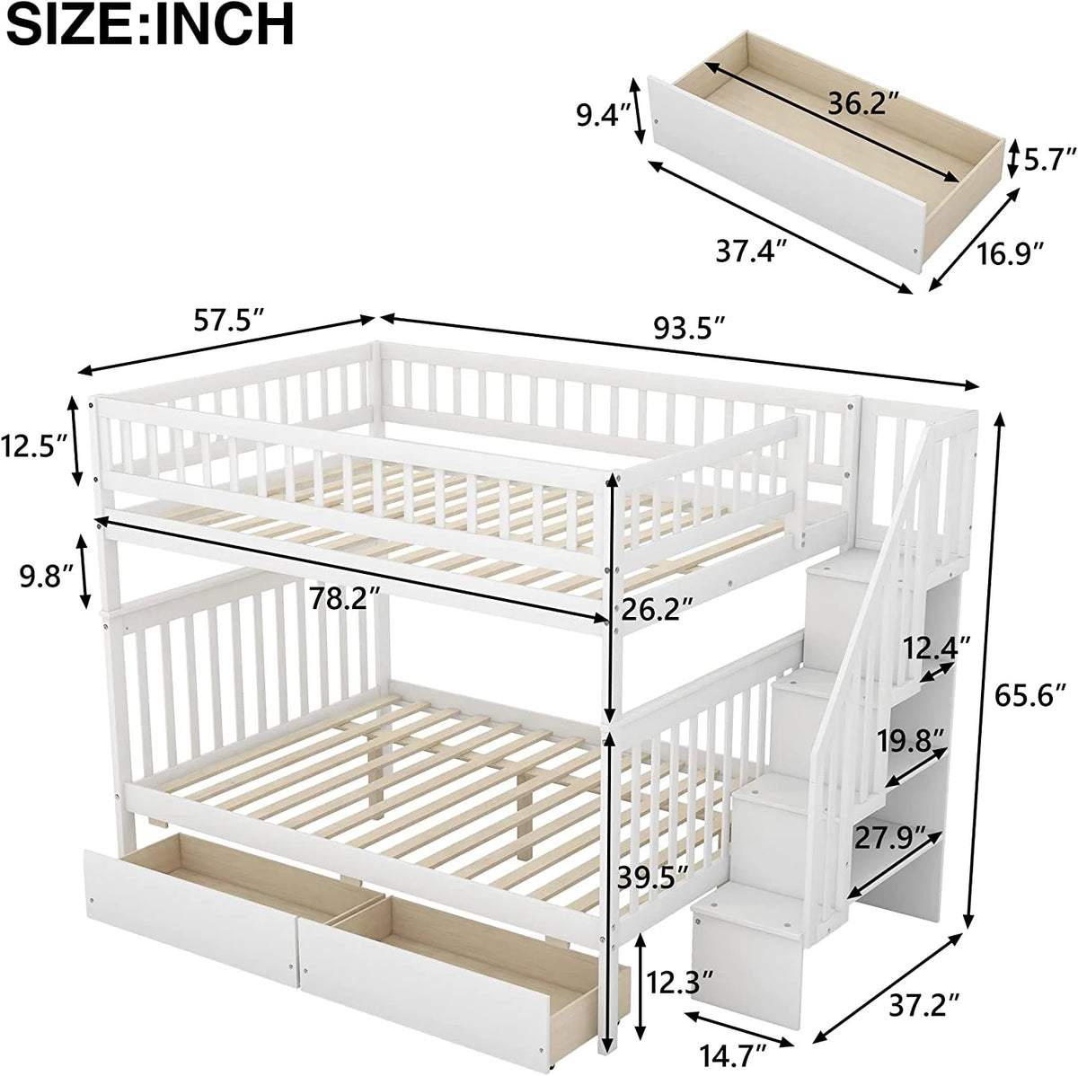 Full Over Full Solid Wood Bunk Bed with Stairs and Storage Drawers B9558