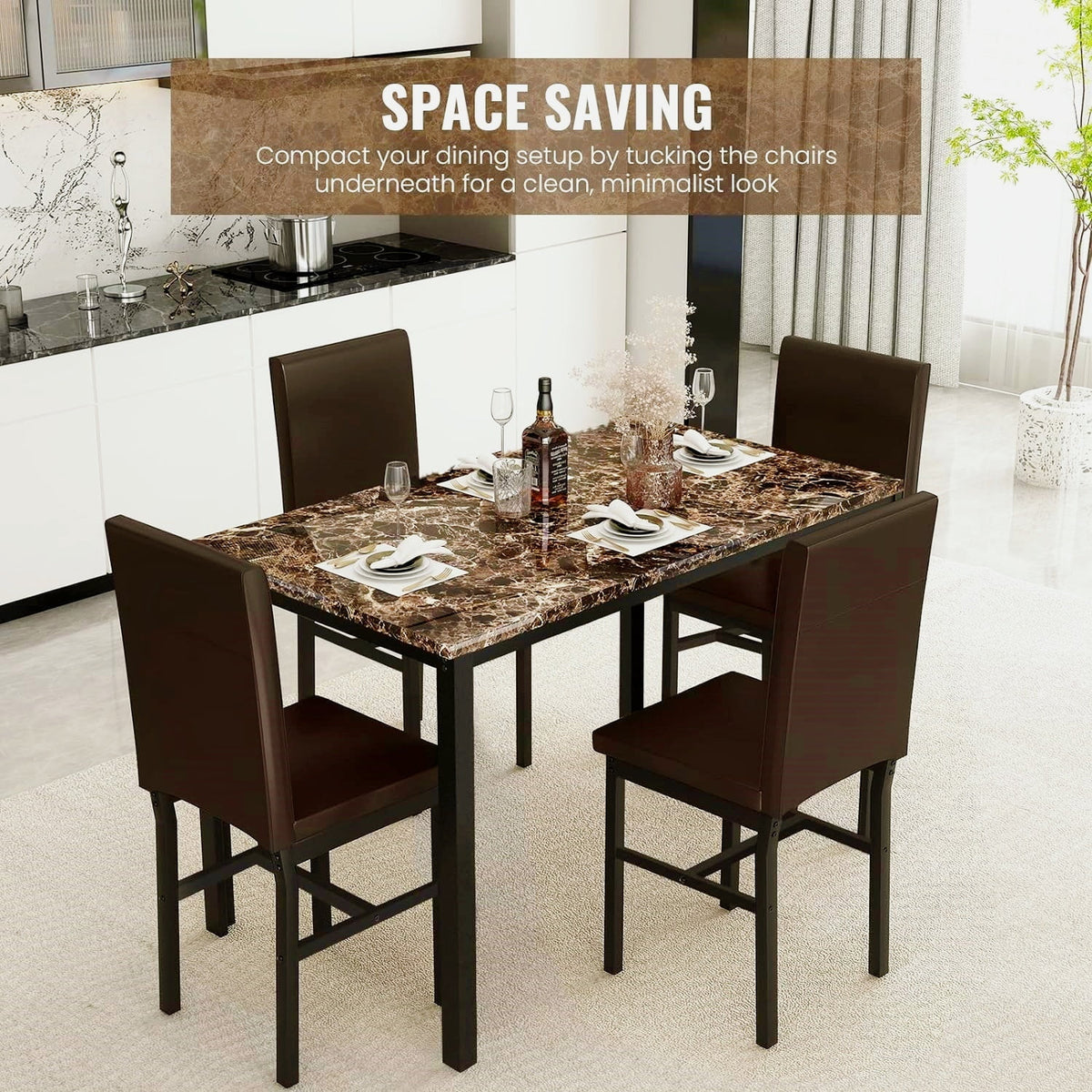 5-Piece Brown Kitchen Table Set with 4 Leather Upholstered Chairs G155424