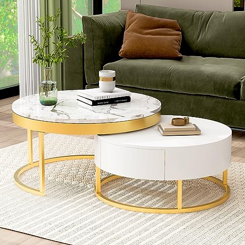 Round Lift-top Nesting Coffee Tables with 2 Drawers White & Natural L867